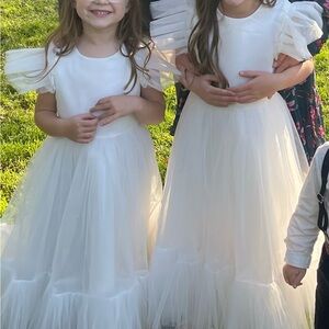 Girls White Tulle Party Dress with Ruffled Sleeves